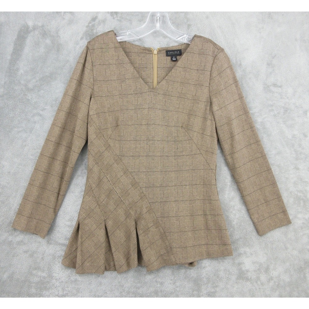 Carlisle Top Womens Size 4 Plaid Pepulm Office Career Preppy Quiet Luxury Brown